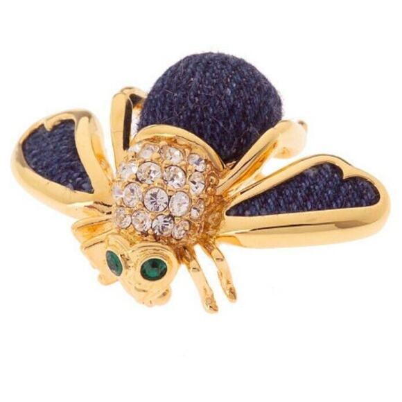 VTG Joan Rivers Blue DENIM & PAVE CRYSTAL BEE PIN Brooch Gold Plate Rhinestones! - Picture 7 of 7
